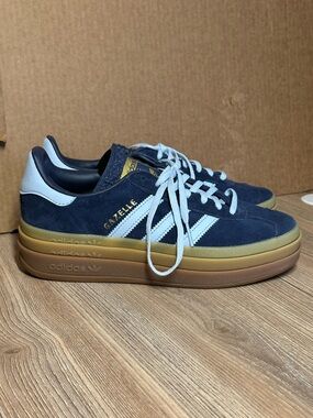 Adidas Gazelle Bold Gum Platform Suede Navy blue, light blue laces & stripes